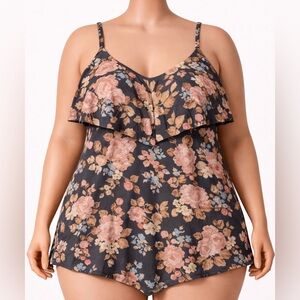 Floral Tiered Ruffle Tankini Top 2X Gray Pink Rose Plus Swim Romantic Coastal